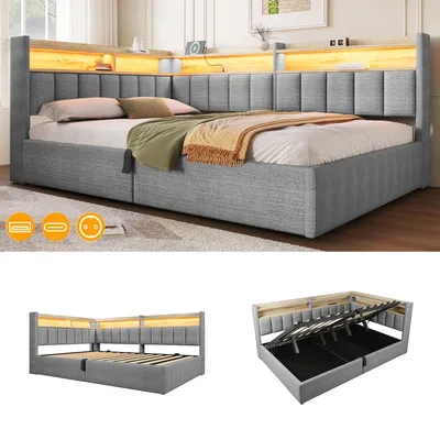 Productafbeelding van Dagbed 140x200 cm, met hydraulische opbergruimte, LED-verlichting, zijkastjes, fluweel (grijs)