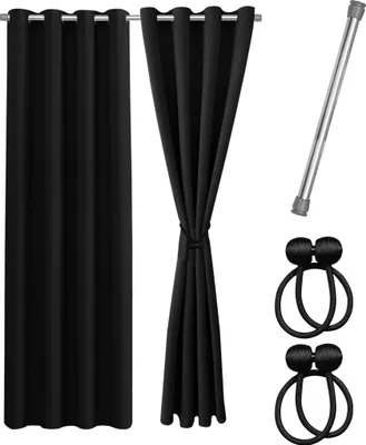 Produktbild von COZYOR Praktisches Set ohne Bohren: 2x Vorhang + 1x Klemmstange (silber) + 2x Raffhalter, 220x135cm, schwarz