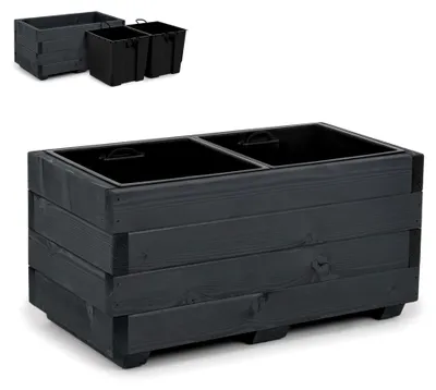 Produktbild von Blumentopf Holz - Pflanzkübel Übertopf Blumenkasten - mit Zwei Kunststoffeinsätzen Herausnehmbar - 62 x 33 x 32 cm - Grau