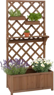 Immagine prodotto di Aiuola rialzata HWC-P68, fioriera, graticcio, supporto per rampicanti, ripiano, cassette sospese, legno  135x70x30 cm ~ marrone