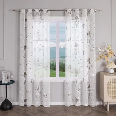 Image de Rideau transparent Unyqoos® avec motif floral, œillets | 140 x 225 cm | 100% polyester, translucide, idéal pour le salon et la chambre