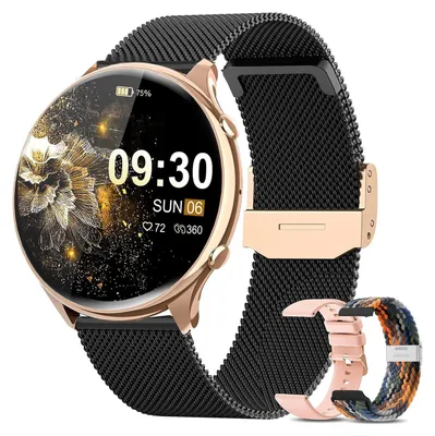 Produktbild von Damen Smartwatch mit Telefonfunktion, 1,39 Zoll wasserdicht mit 120 Sport SpO2 Herzfrequenzmesser Schlafmonitor Uhr für iOS Android Schwarz Gold