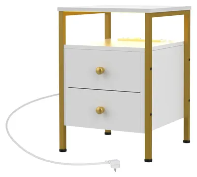Produktbild von Nachttisch - Beistelltisch mit Ladestation - LED-Beleuchtung - 2 Stoffschubladen - USB-Anschluss & Steckdose - 40x40x61 cm - Weiß