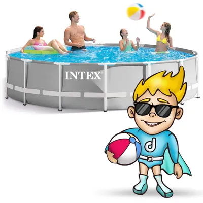 People enjoying an Intex Prism Frame round above-ground swimming pool on a sunny day, with a cartoon character in the foreground.