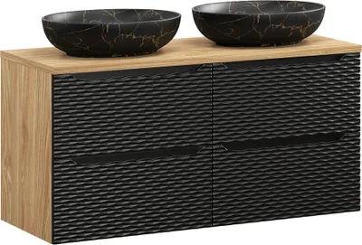 Produktbild von Doppelwaschtisch 120cm in Eiche mit schwarz, OLUO-56-BLACK, Front mit 3D-Struktur in Wellenoptik
