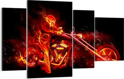 Produktbild von Bild auf Leinwand - Leinwandbild - Flammen Motorrad Skelett - 120x70cm - Wand Bild - Wanddeko - Leinwanddruck - Bilder - Kunstdruck - Wanddekoration - Leinwand bilder - Wandkunst - DL120x70-0148