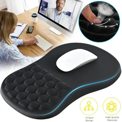 Image de Tapis de souris avec repose-poignet - Tapis de souris ergonomique - Mousse à mémoire de forme - Base antidérapante - Inclinaison de 15° - Tissu - Adapté pour le bureau et les jeux