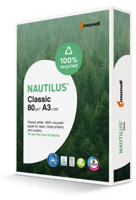 Zdjęcie produktu dla Mondi Nautilus Classic, papier z recyklingu, biały, 80 g/m², format DIN-A3, 500 arkuszy