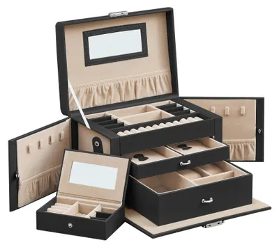 Produktbild von Schmuckkästchen - Schmuckbox - 2 Schubladen - Samtfutter - Kunstleder - Organizer & Aufbewahrung - Schwarz