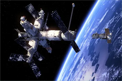 Produktbild von Wallario selbstklebendes Poster - Raumfahrt - Raumstation und Raumschiff im Weltall, Größe: 61 x 91,50 cm