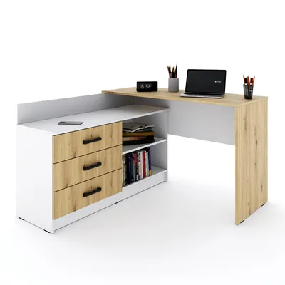 Produktbild von Marlux-Meble Schreibtisch mit Schubladen 3 und Regalen 2 | Eckschreibtisch Weiß Matt - Artisan-Eiche | PC Schreibtisch L Form (Omega Schreibtisch Holz 131x120x76 cm)