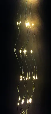 A close-up shot of a string of warm white LED lights against a dark background.