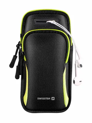 A black and yellow armbag case for a phone, with white earbuds attached.