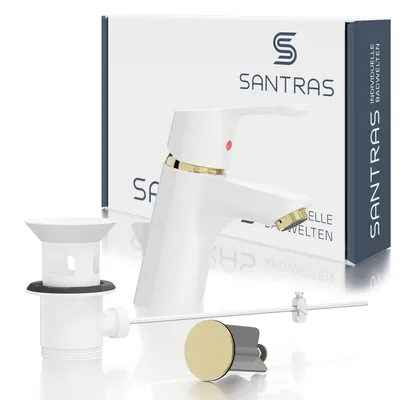Produktbild von SANTRAS® Waschtischarmatur Magis in Weiß (RAL 9003)/Edelmessing (Degussa 247) inkl. Ablaufgarnitur