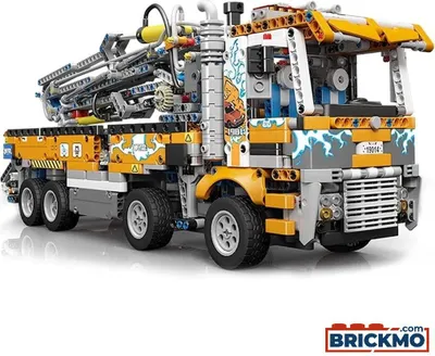 A detailed product shot of a toy concrete pump truck.