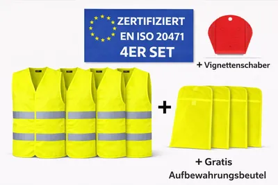 4er Set Warnweste + Gratis Aufbewahrungsbeutel + Vignettenschaber