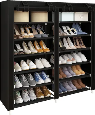 A black fabric shoe rack filled with various shoes and boxes.