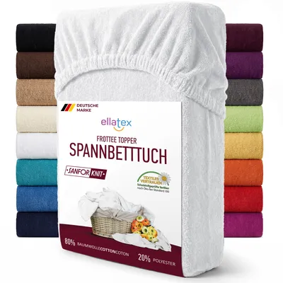 Produktbild von EllaTex FROTTEE TOPPER Spannbettlaken 200x200 – 200x220 Baumwolle – weich & warm, Spannbetttuch für Topper bis 12 cm, in Farbe: Weiß