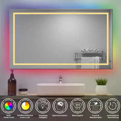 Produktbild von AICA Badspiegel mit RGB-Beleuchtung 120x70cm Beschlagfrei 3 Lichtfarbe Dimmbar Memory-Funktion 1 Stunde automatische LED Wandspiegel IP44