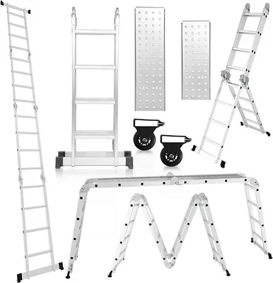 Produktbild von Mehrzweckleiter, 582CM 4x5 Aluminium Vielzweckleiter Klappleiter mit 2 Plattform und Räder, Multifunktionsleiter 20 Sprossen, Max Belastung 150 kg, Gelenkleiter
