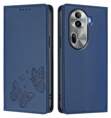 Obrázek produktu pro Kožené pouzdro pro Oppo Reno11 Pro 5G, motýlí ražbou, peněženkové flip pouzdro se stojánkem Tmavě modrá