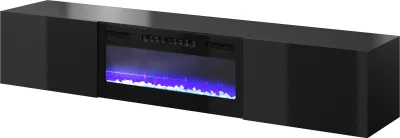 Produktbild von Fernsehschrank SLIDE EF 200x37x40 cm Tv-Schrank mit elektrichem Kamin Heizfunktion Lowboard 2 Klappen Hängende Schwarz Hochglanz/Schwarz Kamin