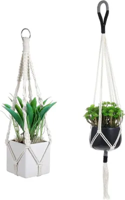 Obrázek produktu pro Makramé závěsné květináče – bavlněná příze – pro vnitřní i venkovní použití – květináče – dekorace ve stylu boho – závěsné květináče do zahrady, obývacího pokoje, na balkon, do okna – sada 2 ks