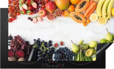 Produktbild von KitchenYeah© Herdabdeckplatte Obst - Regenbogen - Erdbeere - Weintrauben - Papaya , 89x51cm, Küche Deko, Glaskeramikkochfeld Herdabdeckung, Abdeckplatte fùr Kochfeld