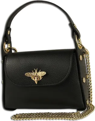 A black leather handbag with a gold bee emblem and a gold chain strap, presented against a white background.