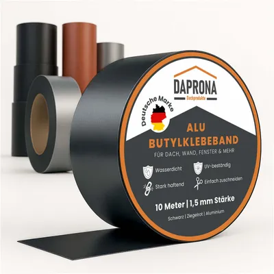 Produktbild von DAPRONA Butylband, Panzertape 10m x 75mm, Schwarz Dichtungsband Alu, Reparaturband, Dichtband Fenster Dachrinne, wasserfest, hitzebeständig