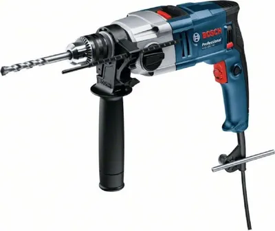 A Bosch professional hammer drill with a drill bit attached, shown against a white background.
