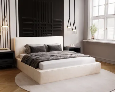 Obrázek produktu pro Čalouněná postel 140x200 Amare – manželská postel, úložný prostor, rošt – samet, designová postel, krémová