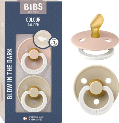 Produktbild von BIBS Colour Anatomical Glow Schnuller 2er-Pack, BPA-frei. Leuchtet im Dunkeln, Kiefergerechte Form. Naturkautschuk/Latex, Hergestellt in Dänemark. Größe 1 (0-6 Monate), Blush Glow/Vanilla Glow