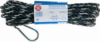 Produktbild von Polypropylen Seil schwarz/weiß Ø 14 mm x 10 m mit Schlaufe und Feuerwehr-Karabinerhaken