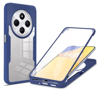 A blue and transparent phone case is shown, with a phone inside the case on the right side of the image.