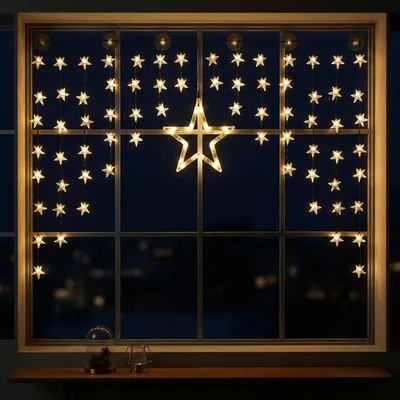Image de Rideau lumineux LED étoiles blanc chaud - 140 cm - Guirlande lumineuse décorative avec 90 LED pour l'intérieur et l'extérieur