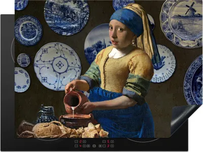 Produktbild von KitchenYeah© Herdabdeckplatte Milchmädchen - Das Mädchen mit dem Perlenohrring - Vermeer , 70x52cm, Küche Deko, Glaskeramikkochfeld Herdabdeckung, Abdeckplatte fùr Kochfeld