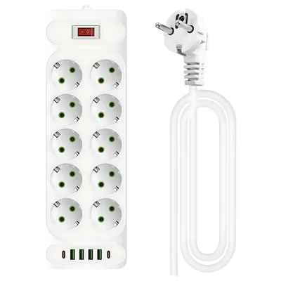 Produktbild von 10 fach Flachstecker Steckdosenleiste, USB Steckdosenleiste mit Überspannungsschutz mit 4 USB-A und 2 USB-C Ladebuchse Schalter flachem Winkelstecker