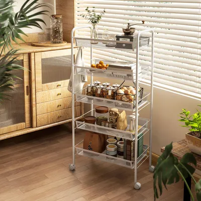 Zdjęcie produktu dla Wózek kuchenny z 5 wyjmowanymi koszami z kratką i kółkami, wymiary: 45 x 26,5 x 106 cm, kolor biały