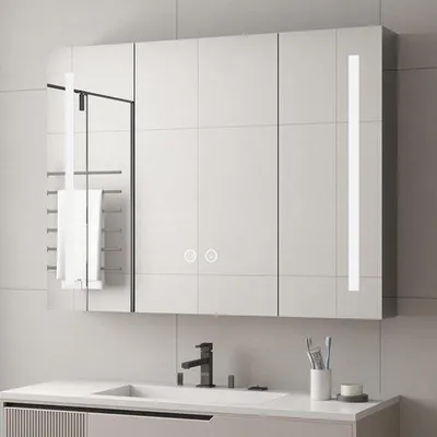 Obrázek produktu pro Koupelnové zrcadlo 90 x 70 cm – široké nerezové provedení – 3 otočná zrcadla – LED osvětlení – stmívatelné 3000 K/4000 K/6500 K