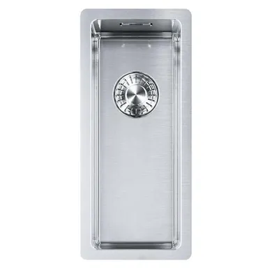 A top-down view of a stainless steel sink with a drain.