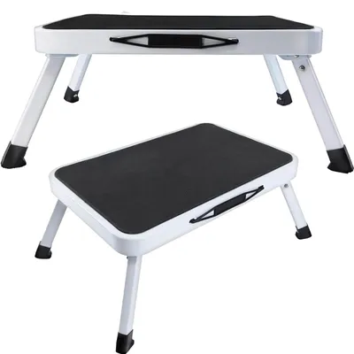 Image de Mini-échelle pliante - 1 marche - Surface de support extra large - Antidérapante - En métal - Pour la maison et le bureau
