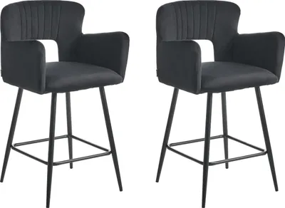 Produktbild von BELIANI Barstuhl Schwarz Samtbezug Gesteppt mit Rückenlehne Armlehnen Fußstütze Modern Glamourös Wohnzimmer Esszimmer Küche Thekenstuhl Barhocker