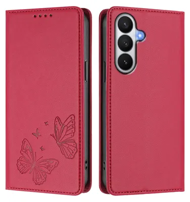 Obrázek produktu pro Kožené pouzdro pro Samsung Galaxy S26, motýlí ražbou, peněženkové flip pouzdro se stojánkem Červená