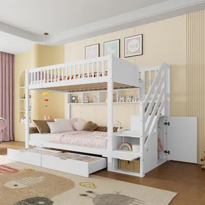 A white bunk bed with stairs, drawers, and shelves in a child's bedroom.