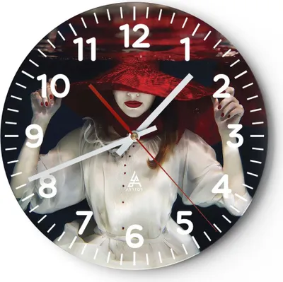 Produktbild von Wanduhr - Rund - Glasuhr - Mädchen Rot Hut - 40x40cm - Schleichendes Uhrwerk - Lautlos - zum Aufhängen bereit - Dekoration Modern - Wanddekoration aus Glas - C4AR40x40-4305