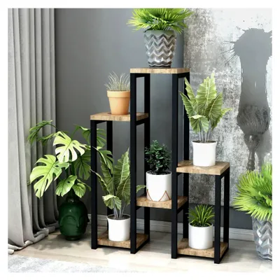 Produktbild von Pflanzregal Rosenholm Standregal mit 6 Ablagen aus Metall in Schwarz/Holzfarben