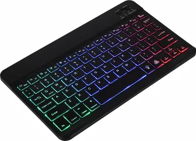 A black wireless Bluetooth keyboard with multi-colored backlighting is shown from a diagonal top-down perspective on a white background.