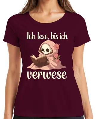Productafbeelding van Ik lees tot ik verdwaal. Boekenwurm. Leeshobby. Skelet. Halloween. Dames T-shirt, bordeauxrood, maat M