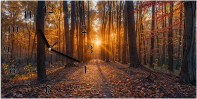 Produktbild von Wanduhr aus Glas mit Motiv Sonnenuntergang Wald- 60 x 30 cm - inkl. Aufhängesystem